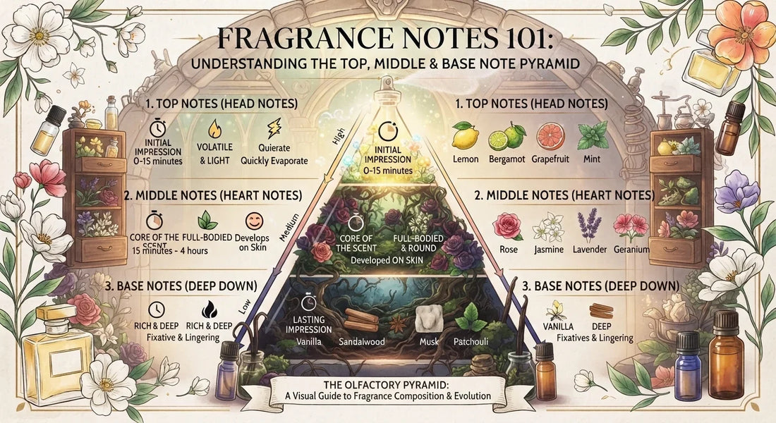 Diagram of a perfume note pyramid showing top, heart, and base fragrance notes