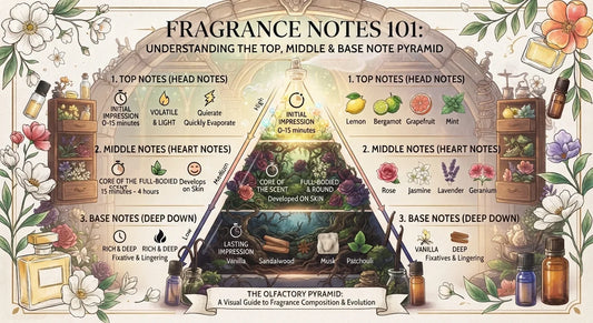 Diagram of a perfume note pyramid showing top, heart, and base fragrance notes