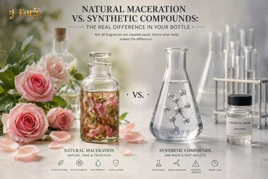 Perfume bottle beside natural botanical extracts and synthetic aroma molecules, representing natural maceration versus synthetic compounds