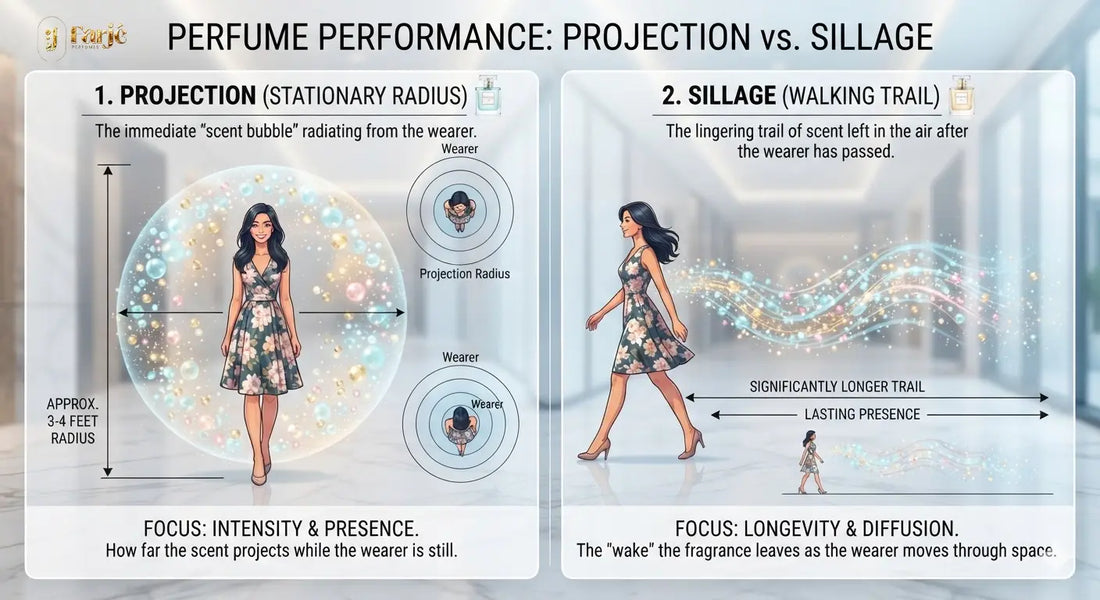 Diagram comparing perfume projection radius and sillage trail