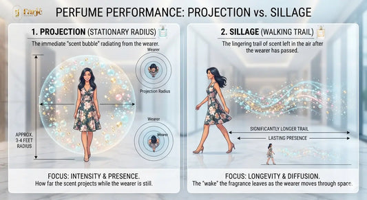 Diagram comparing perfume projection radius and sillage trail